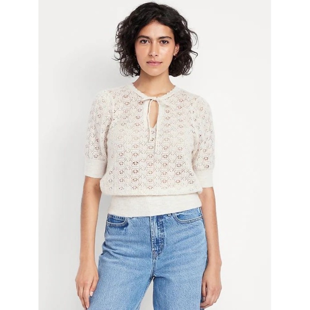 Old Navy Relaxed Pointelle Knit Tie Front Wool Blend Sweater Oat Heath M NEW
